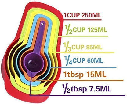 Plastic Cooking Baking Measuring Cups and Spoons Kitchen Tools, Bakeware Rainbow Colours (6-Piece Set)